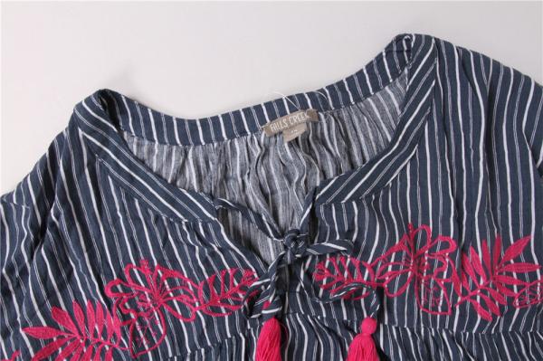 100% Rayon Ladies Striped Printing Blouse Big Embroidery Striped Womens Top