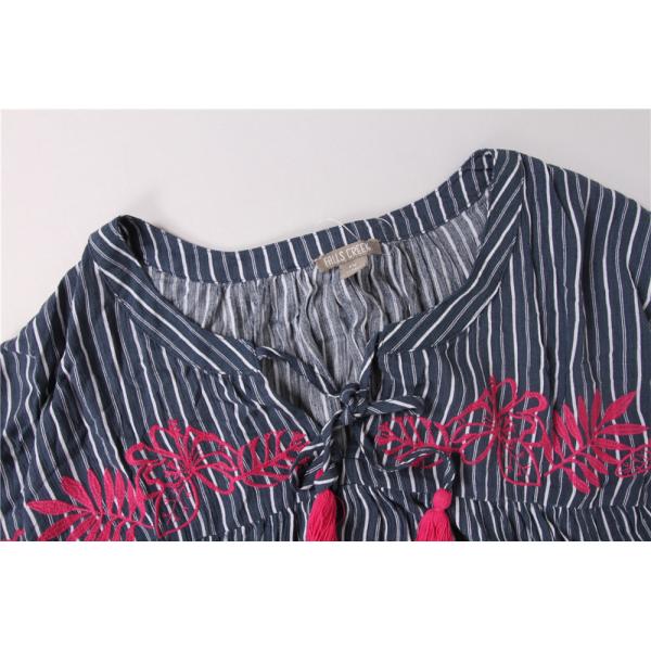 100% Rayon Ladies Striped Printing Blouse Big Embroidery Striped Womens Top
