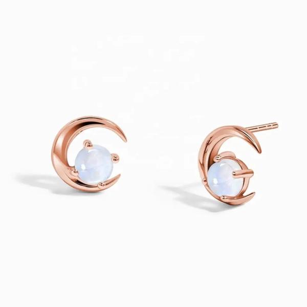 Rose Gold Plated 925 Sterling Silver Rainbow Moonstone Earrings Baguette cut Natural Moonstone Stud Earring Jewelry