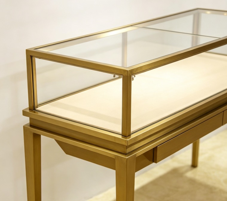 Luxury Champagne Gold Tall Pedestal Jewelry Display Case with LED Lighting Lockable Glass Top Modern Museum Style