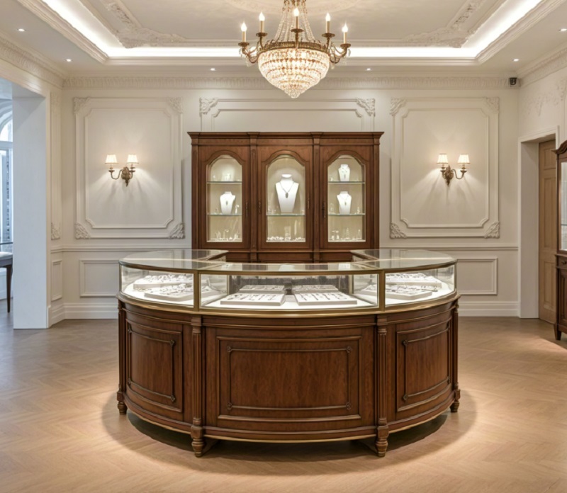 Vintage Walnut Wood 360° Curved Island Jewelry Display Counter with LED Lighting for Luxury Boutiques