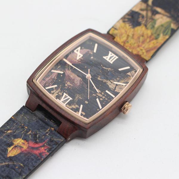 Square Mens Black Leather Watch Eco Friendly Cork Band No Harm To Skin