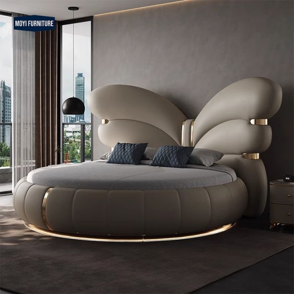 King Size Modern Design Bedroom Furniture Featuring Butterfly Headboard Soft Leather Upholstered Bed Stainless Steel Base