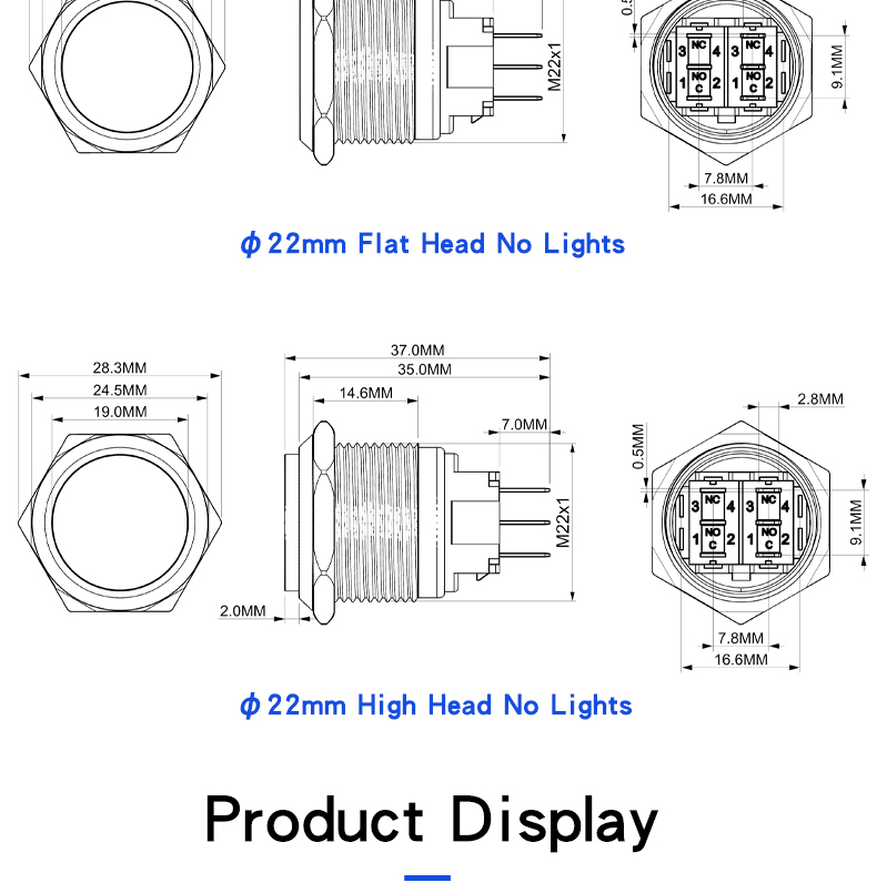 22mm self-resetting self-locking metal push-button switch with welded terminals 1NO 1NC without indicator light flat high head