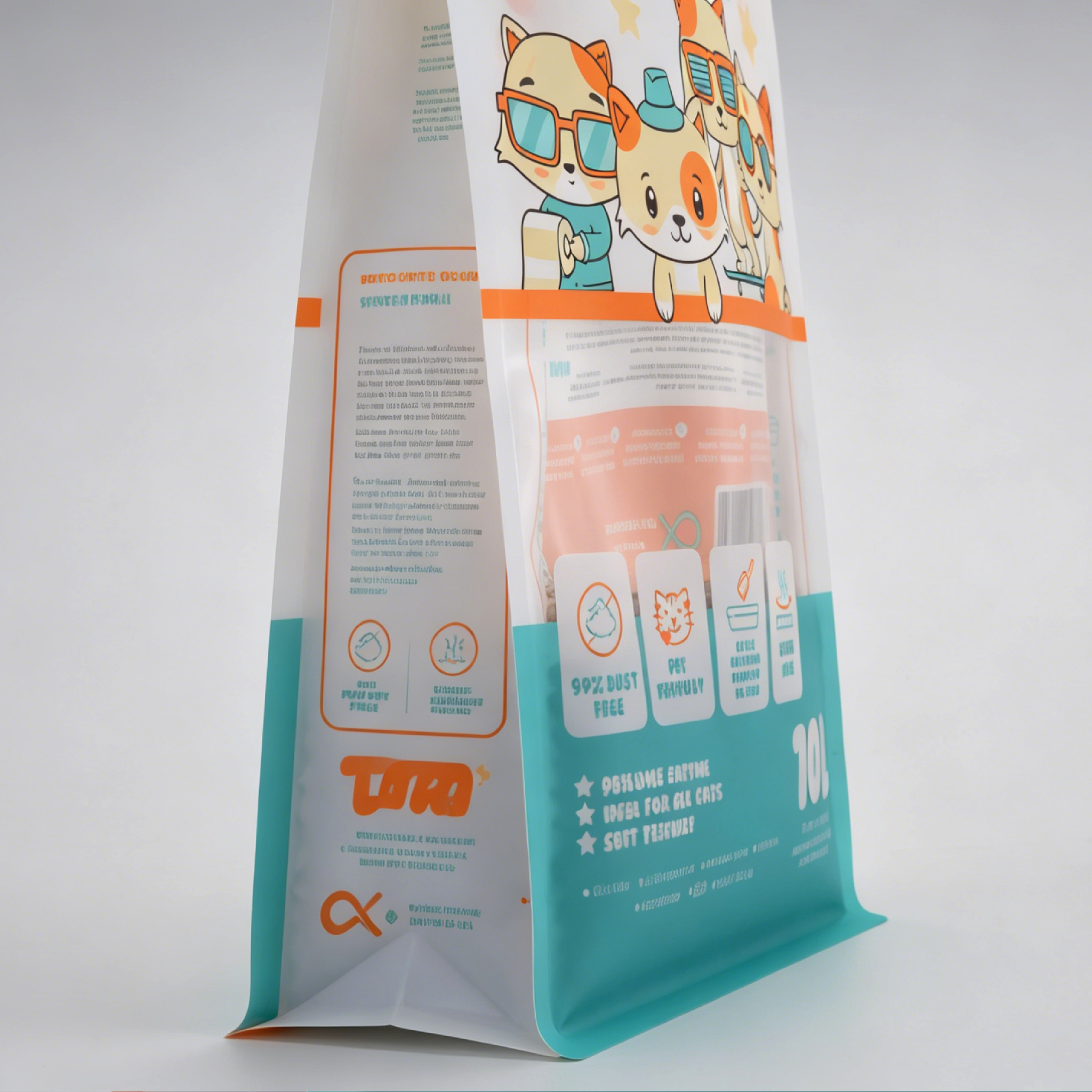 Colorful Cartoon Eight Side Seal Cat Litter Bag With Handle & Window | Custom Printed 10L Bentonite Cat Litter Flat Bottom Zipper Packaging Pouch