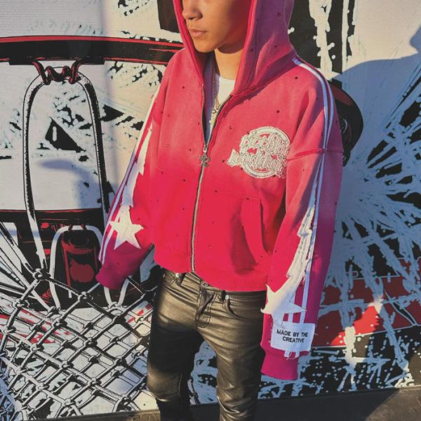 Embroidery cortado a medida con capucha con desafío, chaqueta con cremallera, lavado con ácido, ropa de calle de piedra de renombre, impresión, fabricantes de capuchas para hombres