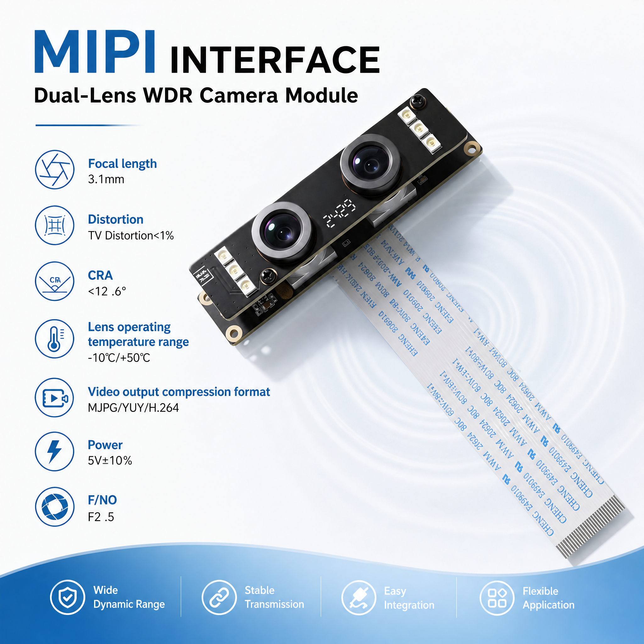 JP-ZI16-90 REV2.0 Dual-Lens 2MP MIPI Wide Dynamic Range Camera Module