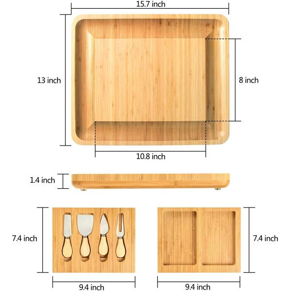 Double Side Wooden Serving Tray Bamboo Cheese Board Hidden Drawer Cheese Servers