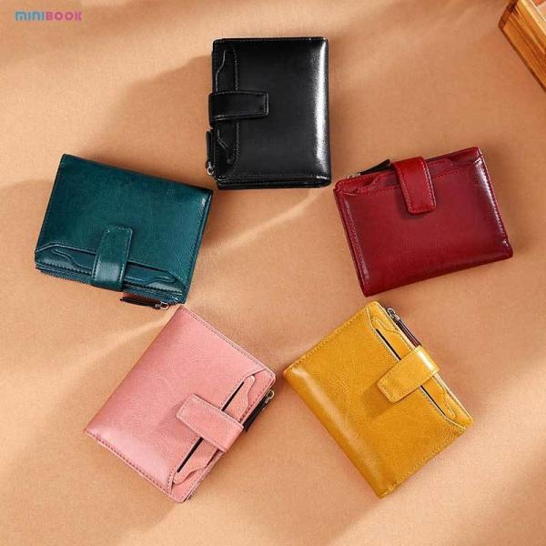 Minibook Oil Wax Leather Vintage Wallet for Women Short Genuine Leather Coin Purse