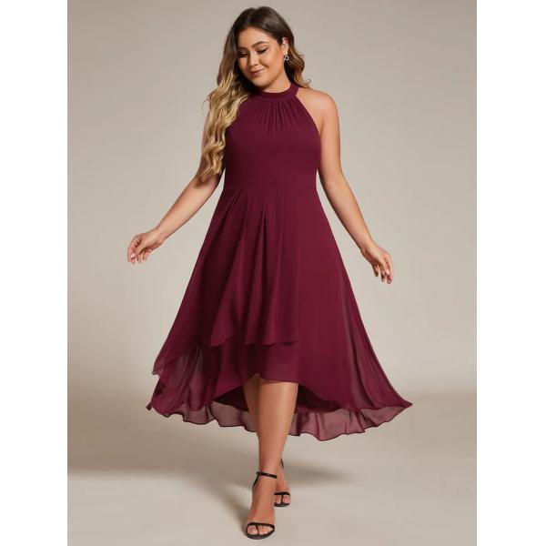A Line Sleeveless Halter Neck Wedding Guest Dress Burgundy Chiffon Cocktail Dresses