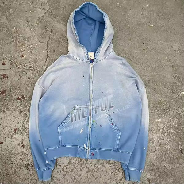 Custom Hoodie Drop Shoulder Acid Wash Vintage Distressed Embroidery Hoodie High Quality French Terry Hoodie