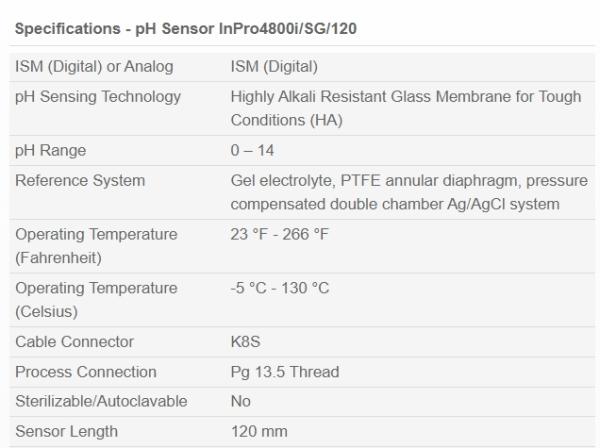 Mettler Toledo InPro4800i/SG/120 52005383 PH Sensor