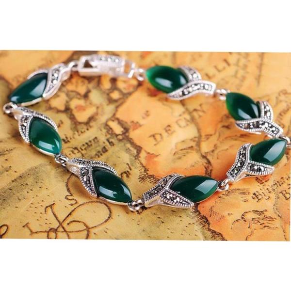 925 Silver Thailand Vintage  Green Agate Women Bracelet (LB001)