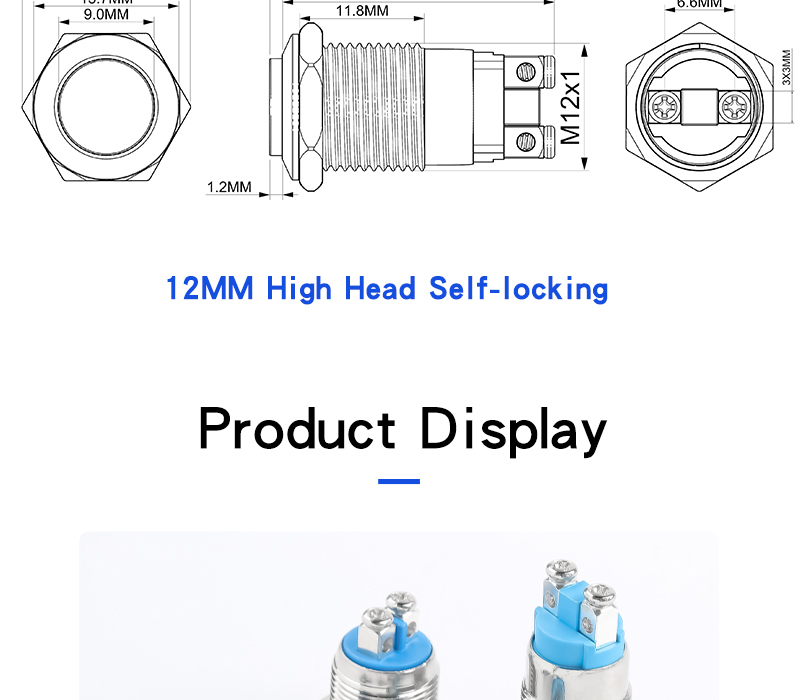 12MM Flat Head High Head Metal Push button Switch with Screw Foot 2Pins Self-Resetting Self-Locking 1NO Non-Illuminated
