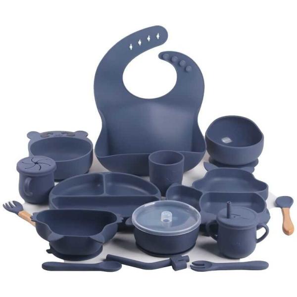 Dark Blue Rubber Silicone Plate Set Feeding Bottle Bib Plates Biodegradable
