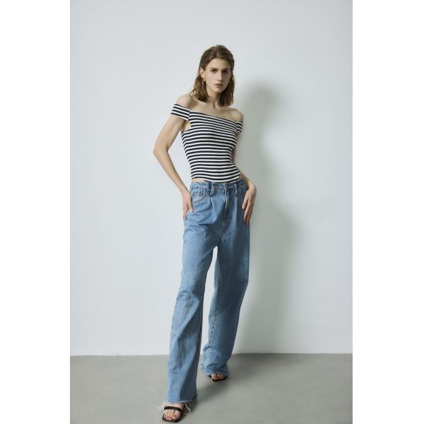Navy White Striped Black Knitted Custom  Bodysuit Denim Jeans L Size