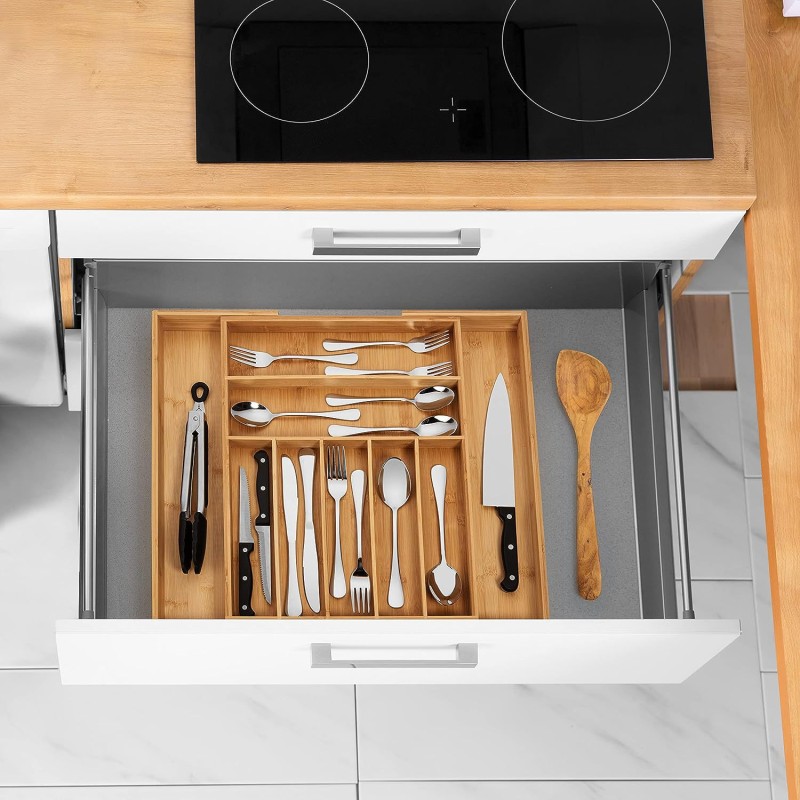 Bamboo Cutlery Retractable Drawer Storage Box Kitchen Organiser for Efficient Knife and Fork Division Sorting