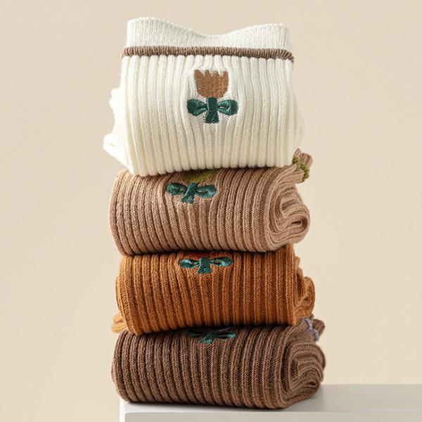 Solid Color Stripe Breathable Cotton Socks Flower Embroidery Crew Women Socks
