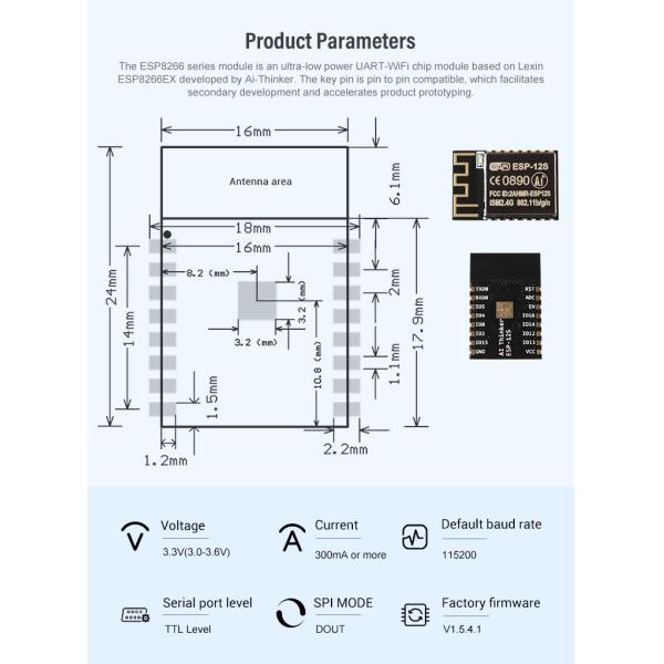 Ai-Thinker ESP-12S ESP8266 Wifi Module ESP8266 Serial IOT WIFI Wireless Module For Wifi Home Automation