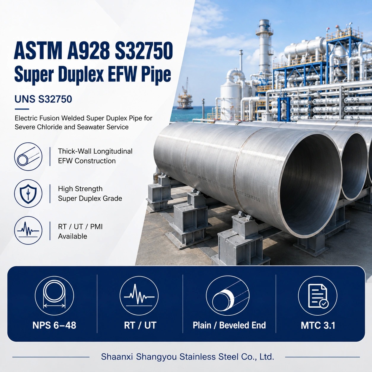 ASTM A928 S32750 Super Duplex Stainless Steel EFW Pipe Class 1 for Extreme Chloride and Offshore Service