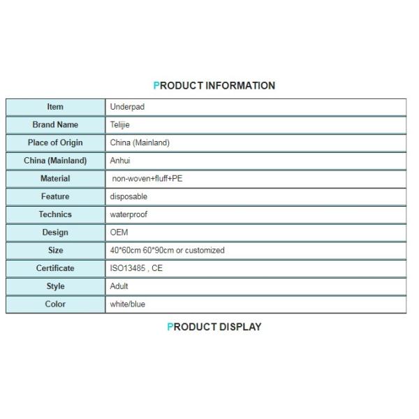White Blue Fluff pulp 40x60cm Disposable Medical Underpads