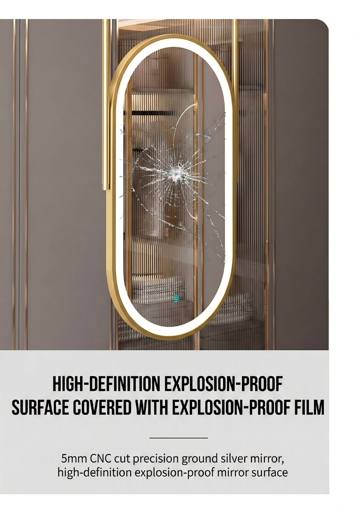 Kingstin Luxury Oval Ceiling Hanging LED Mirror Gold Brushed Frame, Smart Touch Switch Anti-Fog Suspension Bath Mirror