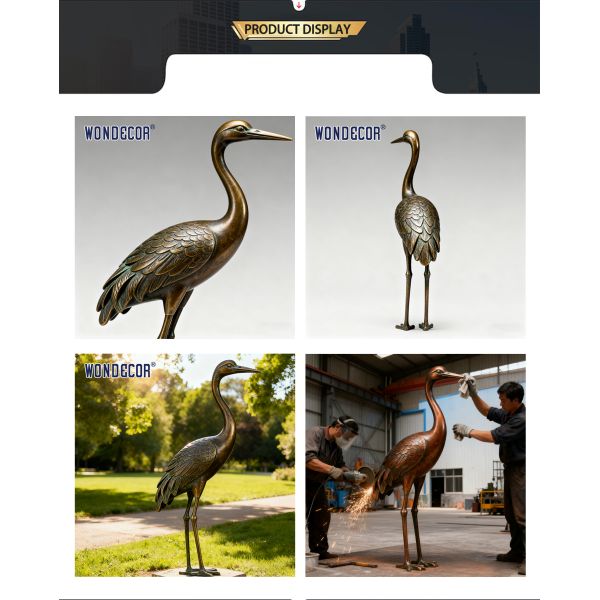 Large Retro-style Bronze Crane Sculpture for Outdoor Garden Landscape