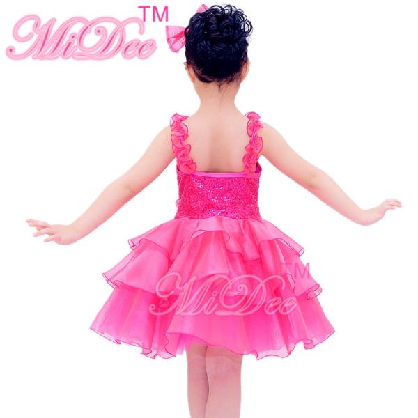Flower Kids Dance Clothes Straps Sequines Bodice Tiers Organza Dress With Ruffled Skirt