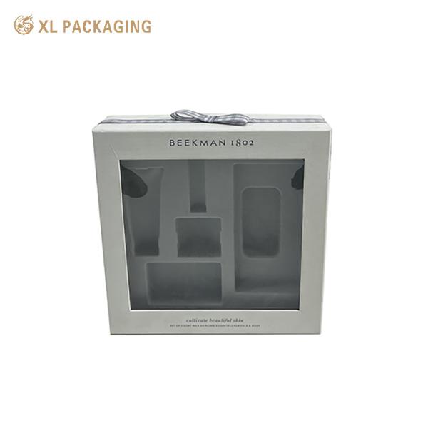 Luxury Custom Paper Cosmetic Gift Boxes With PVC Window And Flocked Insert For Soap Tea