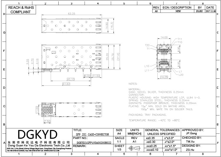 Бронза светомассы соединителя 15U толщины 0.25mm RJ45 SFP клетки DGKYD21SFP1N3A00200B022 2*1