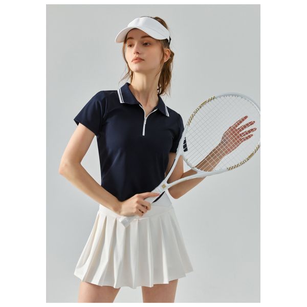 Women's Light Blue Cropped Polo Sport Top - Short Sleeve, Zippered Collar, Moisture-Wicking Fabric for Yoga, Tennis & Gym Workouts