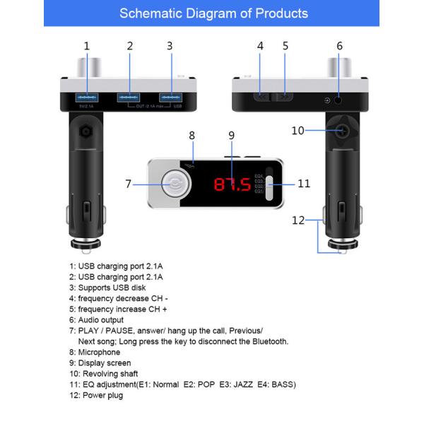 LED Display Screen Bluetooth Car Charger Adapter Micro SD Card Slot BT Mode Switch