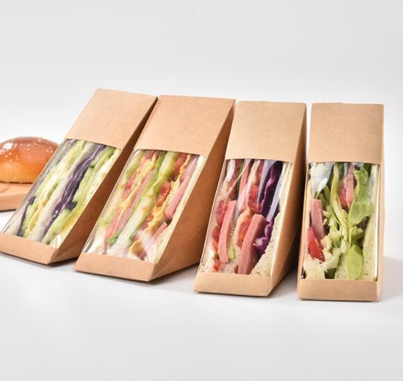 Oil Proof Tiangle Sandwich Packaging Box 330gsm Kraft Paper Food Packaging