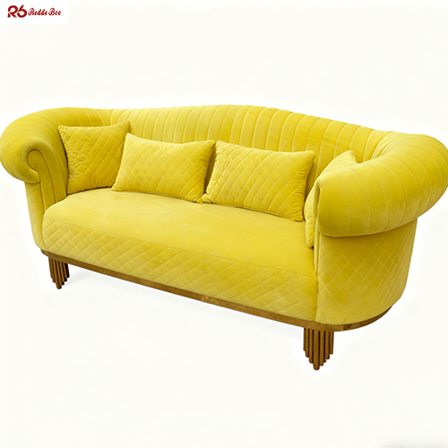 Cushioned Linen Fabric Sofa White Velvet Settee With Radiating Legs Furniture