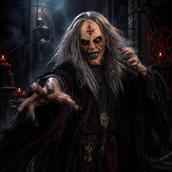 Scary Demonic Elder Zombie Latex Full Head Mask with Gray Hair Wrinkled Rotting Skin Red Glowing Eyes Sharp Horror Teeth Realistic Horror Costume Prop for Halloween Cosplay Party Haunted House