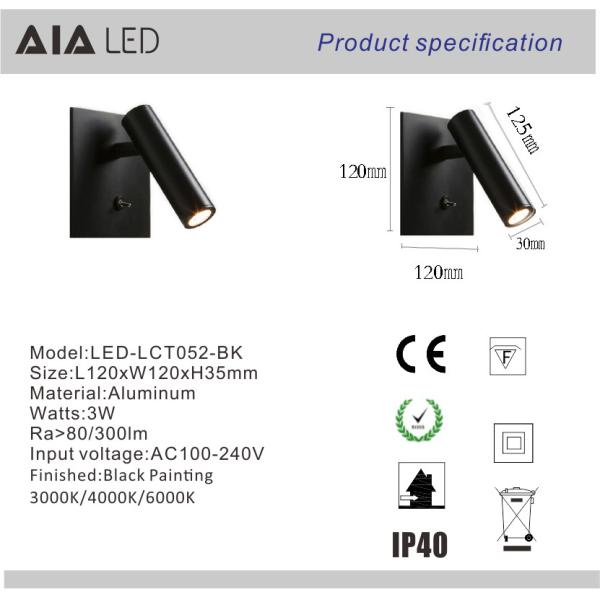 Simple recessed mounted knob switch 3W led wall lamp bed wall reading light for bedroom decoration