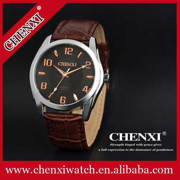 FOB Guangzhou Cheap Price OEM Small MOQ Wristwatches Man Hot Sale Brown Wine Stainless Steel Leather Wrist Watch