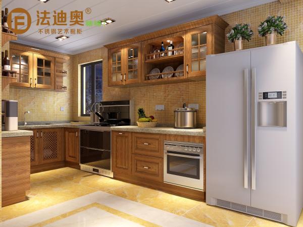 Fadior Wooden-Texture Stainless Steel Kitchen Cabinets With Glass Doors And Open Shelving