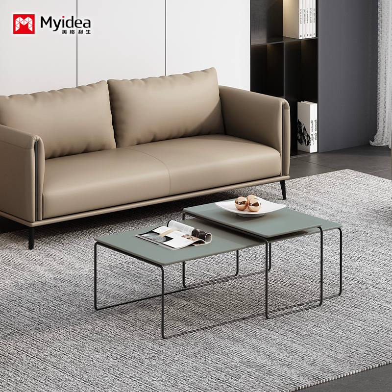 Commercial-Grade Powder-Coated Coffee Table Muted Cyan Wood Top Metal Legs Contemporary Design for Office Apartment Entryway