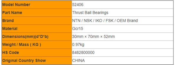 Double - Direction 52406 38406 Thrust Ball Bearings 30mm × 70mm × 52mm