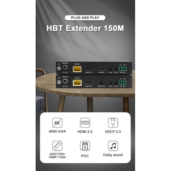 HDBaseT HDMI Extender with 150m Extension 4K60 Support and PoC Function for Professional AV Installation