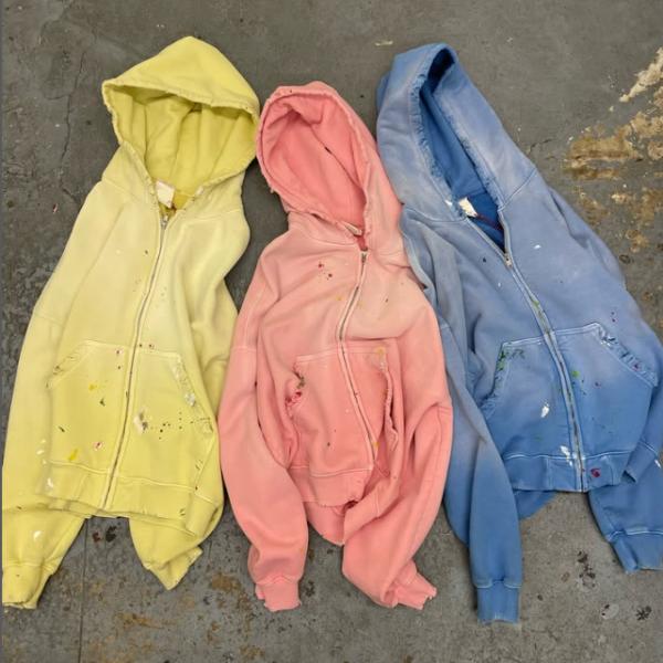 Custom Washed Sun Faded Distressed Mens Cropped Cotton Terry Heavyweight 420 Gsm Zip Up Rivet Studded Rhinestone Hoodie