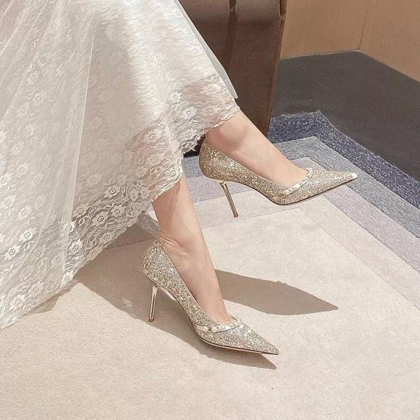 Spring Ladies Wedding Pumps , Sheepskin Golden Shiny Pearl Crystal Shoes