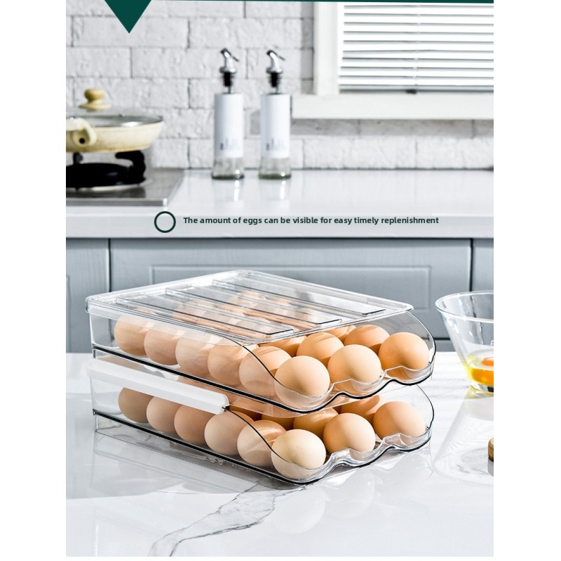 Multi-layer Durable Clear Plastic Rolling Kitchen Organizer Rectangle Egg Storage Box Holder for Refrigerator Auto