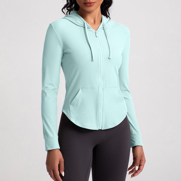 Ribbed Knit Full Zip Women Yoga Jacket Hooded Stretchable with Kangaroo Pocket
