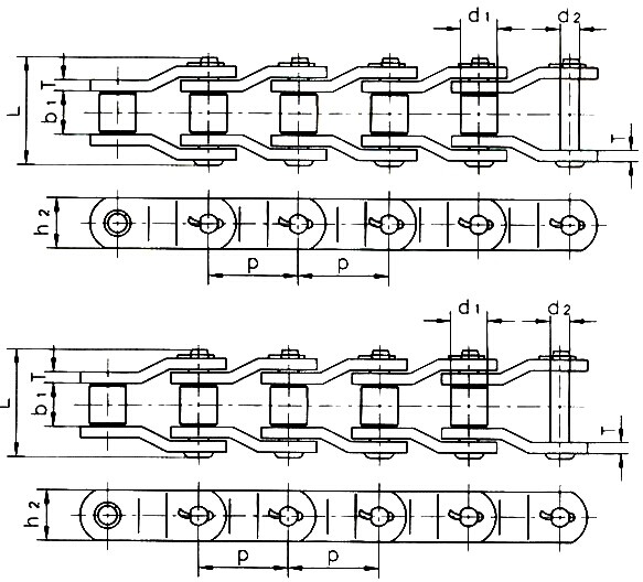 Heavy-Duty Cranked-Link Transmission Chains , type 2010 , 2510 , 2512 , 2814 , 3214 , 3315 , 3618 , 4020