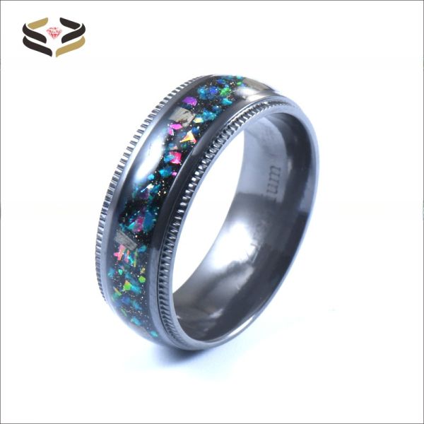 High Polished Black Zirconium 8mm Ring featuring Meteorite Inlay and Galaxy Opal Shaving for Other Religious Type