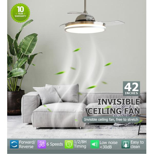 Ventilador de teto LED de níquel de cetim de 42 polegadas com lâminas dobráveis e fonte de luz retrátil