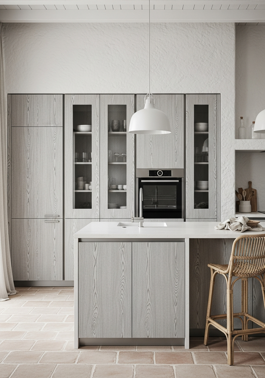 Whitewashed Ash Grain Kitchen Cabinet in 304 Stainless Steel