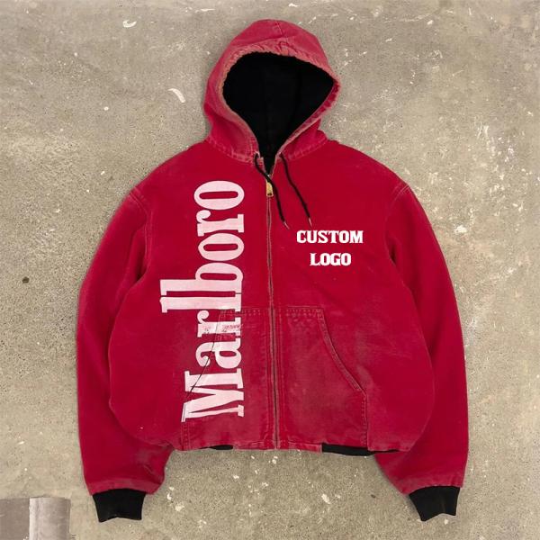 Vintage Denim Screen Print Zip Up Hoodies Stone Washed Hoodie   Breathable